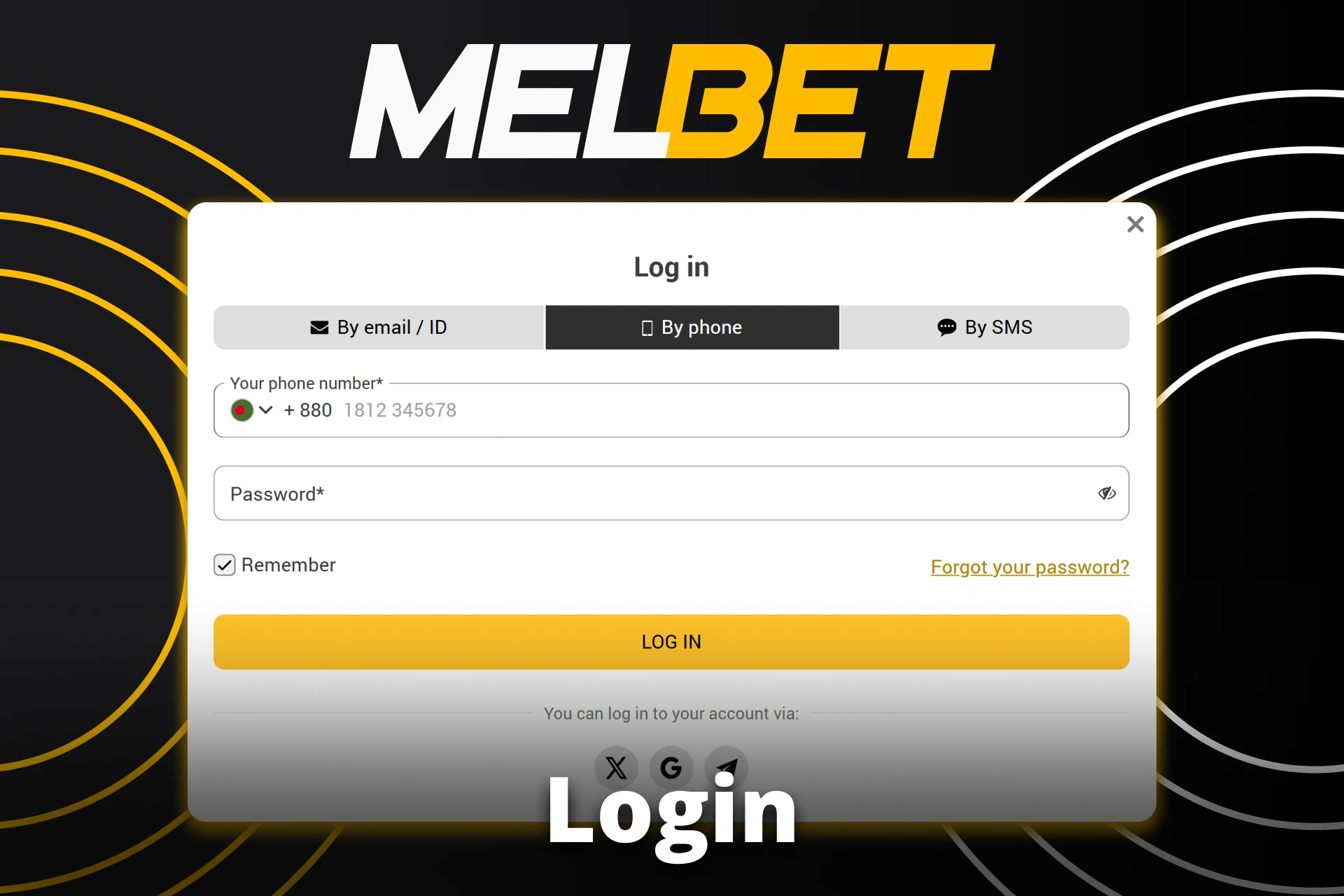 Enter your ID and password to log in to the Melbet bet platform.