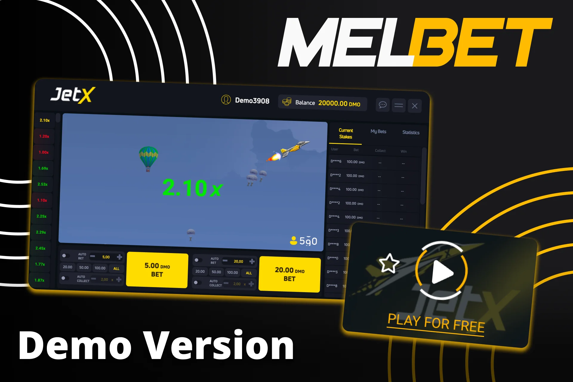Try JetX in demo mode at Melbet now.
