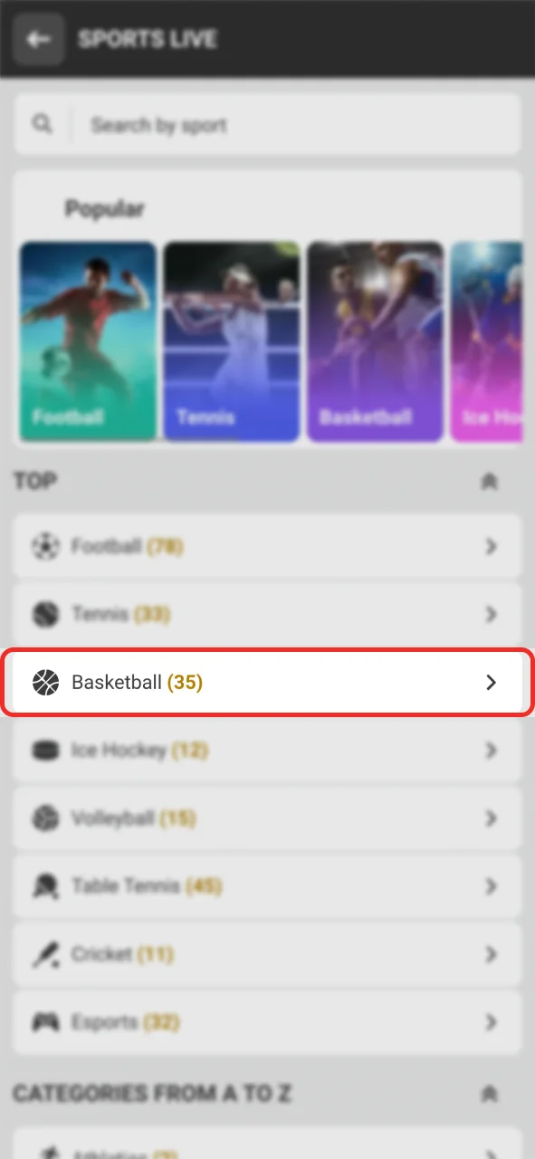 Open the sports tab and find basketball at Melbet.