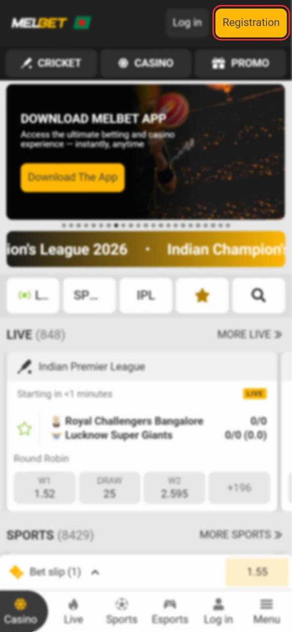 Create your player profile on the official Melbet registration page.