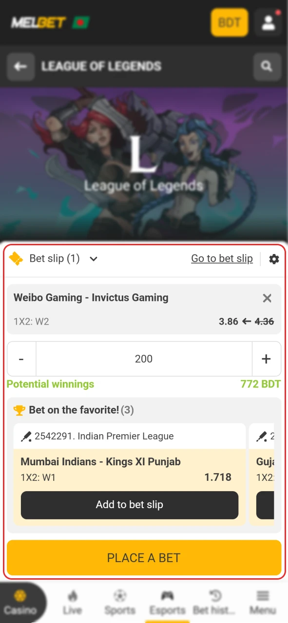 Finalize your esports wager on the official Melbet betting site.