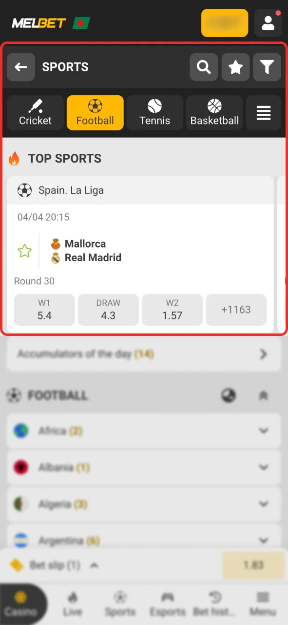 Select football and find your match at Melbet.