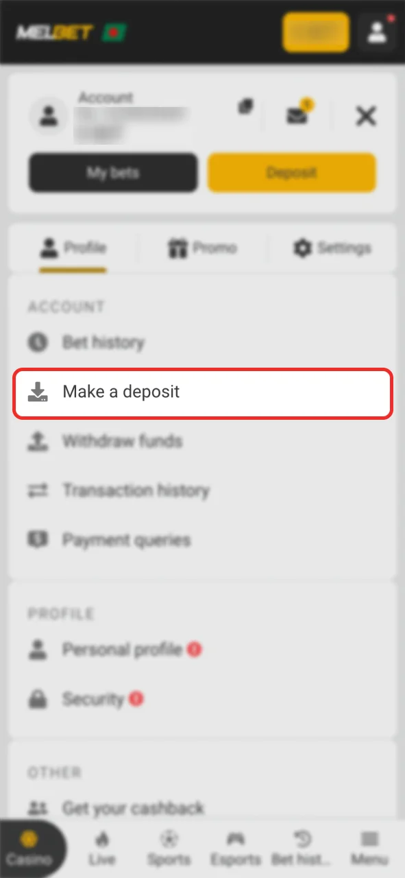 Top up your Melbet balance to start winning.