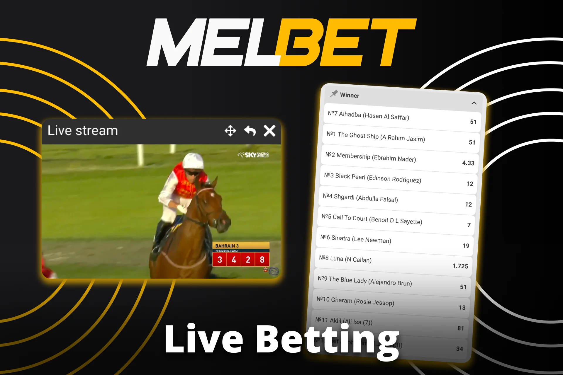 Place live horse racing bets and win at Melbet.