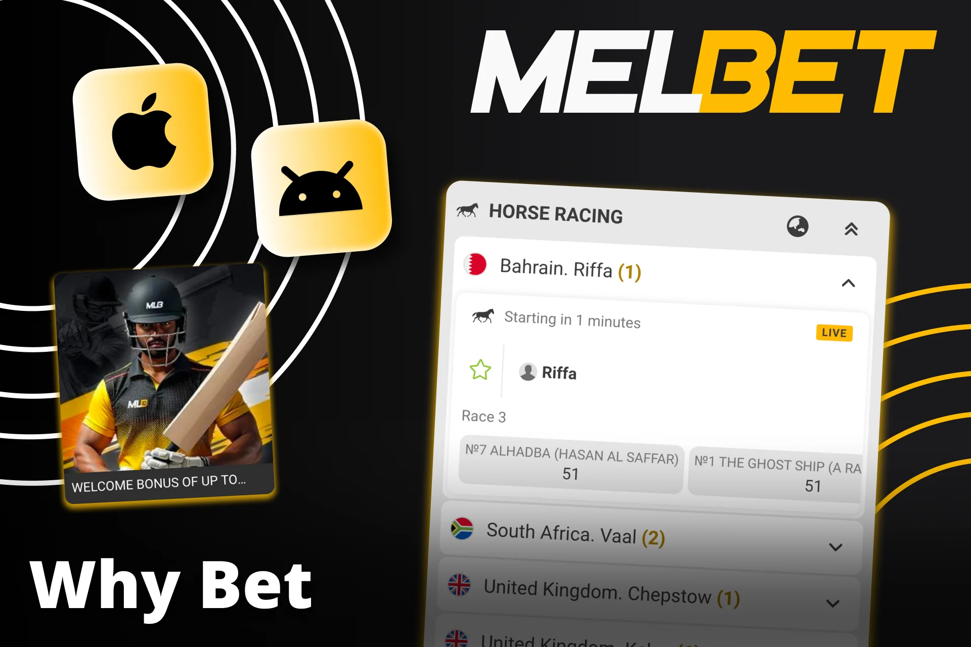 Access many horse racing events daily at Melbet.