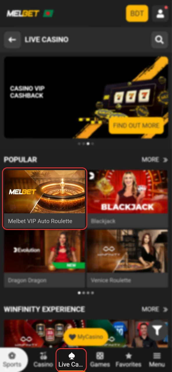 Access the live dealer lobby on the official Melbet website.