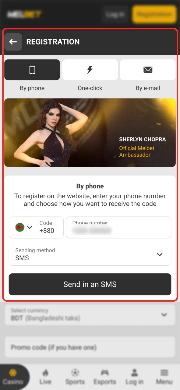 Enter your information to create an account and use Melbet code.