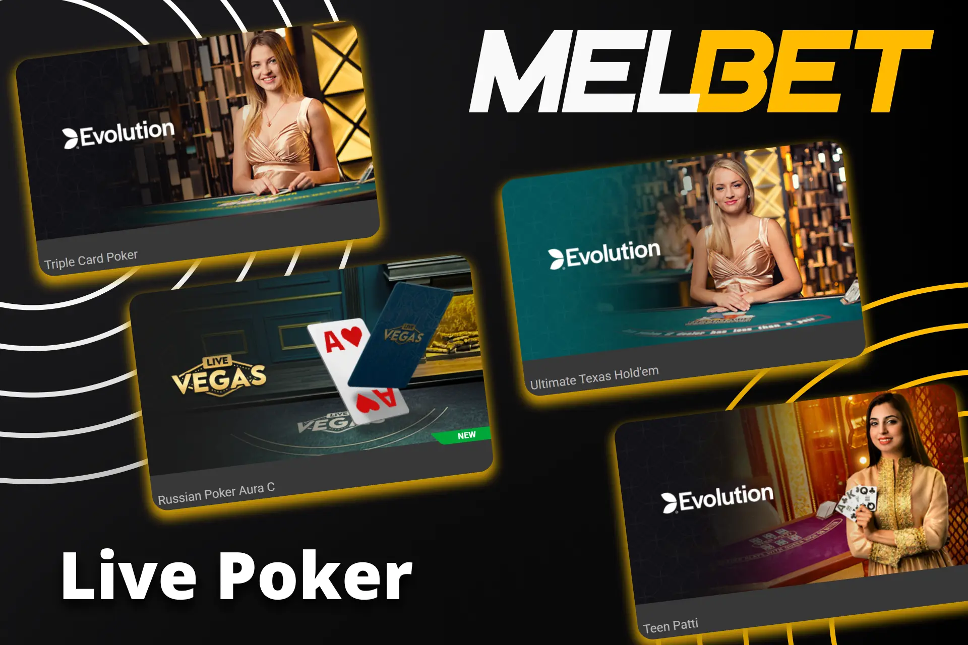 Play live dealer poker games on the official Melbet platform.