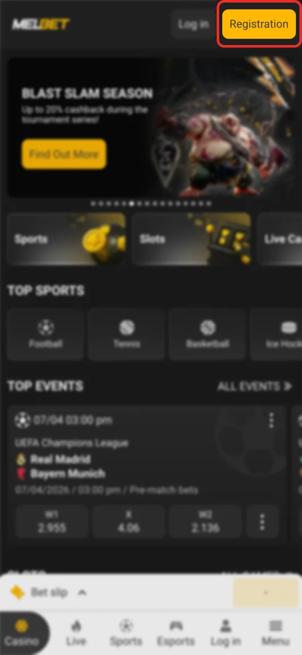 Open the main page and register to insert Melbet promo code.